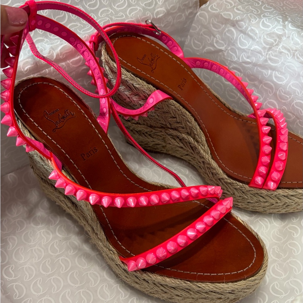 Christian Louboutin Neon Pink Studded Espadrille Wedge Sandals